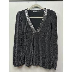 Dunnes Stores Top‎ Womens 12 Black sequin Puff Sleeve Metallic Party Semi Formal